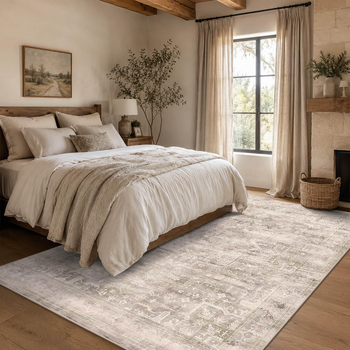 8x10 Washable Boho Area Rug, Dark Beige Farmhouse for Living Room