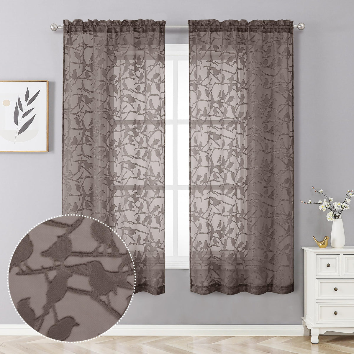 OVZME Sage Green Sheer Curtains 63 Inch Length 2 Panel Set, Light Filtering Bedroom Curtains with Dual Rod Pocket Top, Leaf Bird Clip Jacquard Sheer Farmhouse Window Drapes for Living Room, 2x38Wx63L