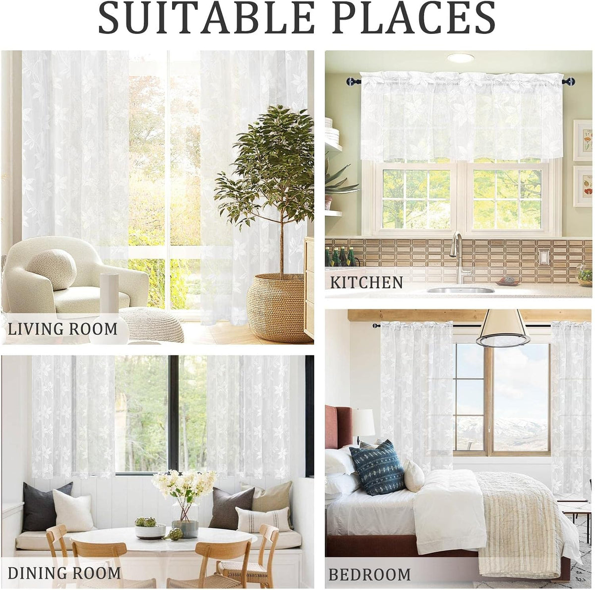 DWCN White Sheer Curtains - Short Curtains Floral Lace Design Rod Pocket Window Voile Sheer Drapes for Bedroom Kitchen Small Window 42 x 54 inch Length, 2 Panels White