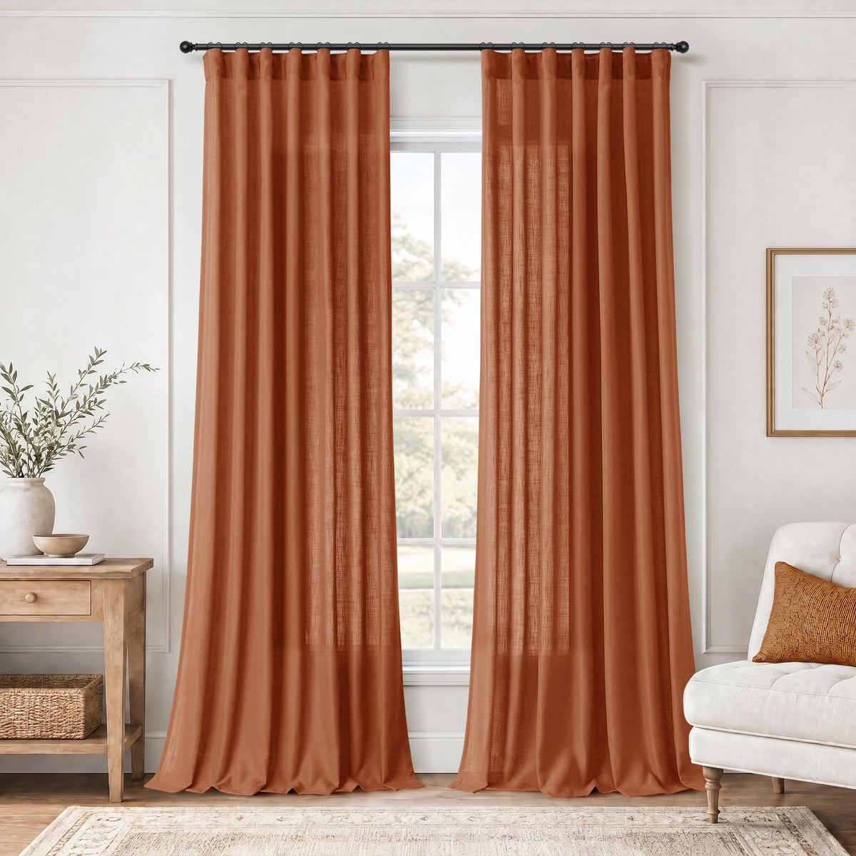 Jowels Natural Linen Curtains 84 Inches Long 2 Panels for Living Room
