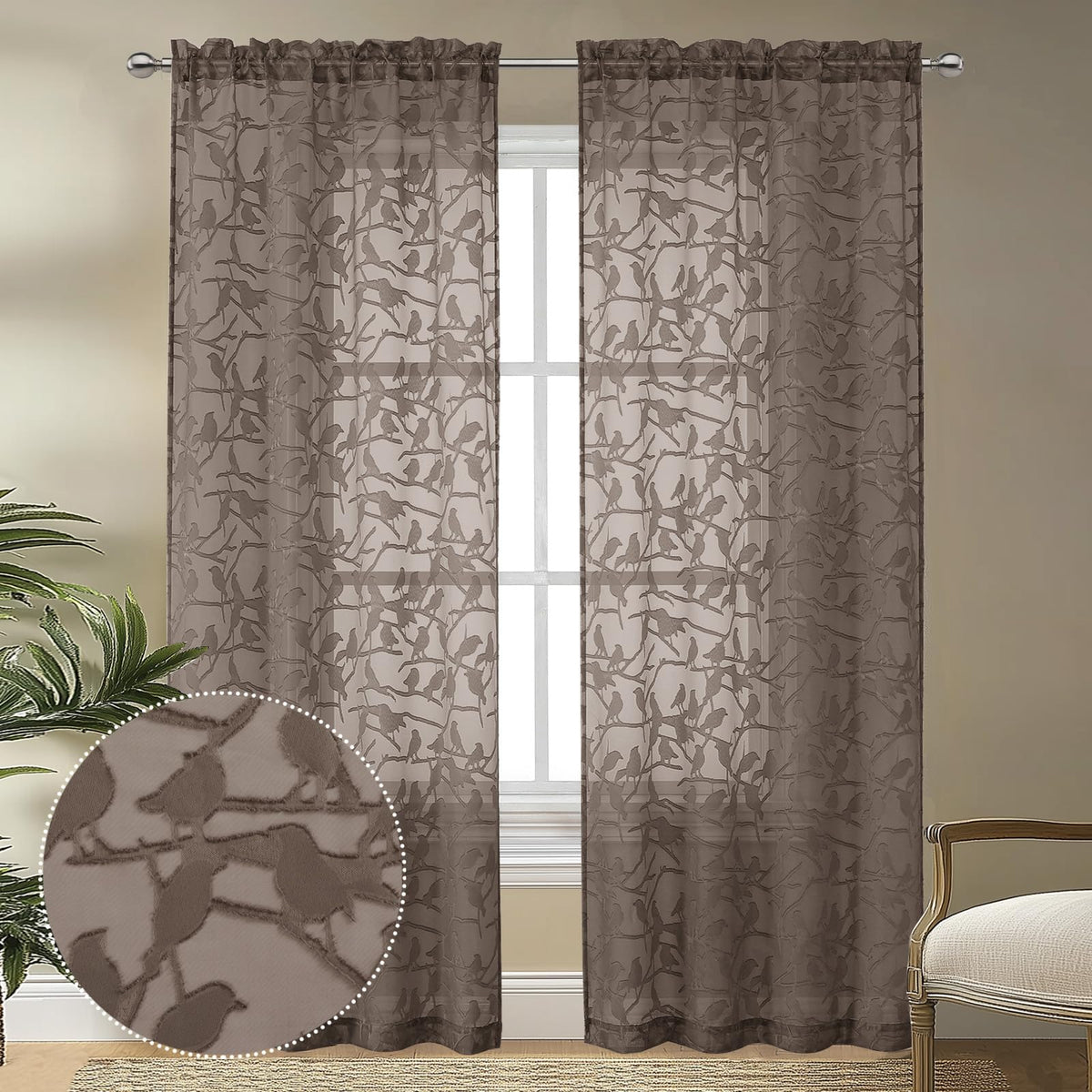 OVZME Sage Green Sheer Curtains 63 Inch Length 2 Panel Set, Light Filtering Bedroom Curtains with Dual Rod Pocket Top, Leaf Bird Clip Jacquard Sheer Farmhouse Window Drapes for Living Room, 2x38Wx63L