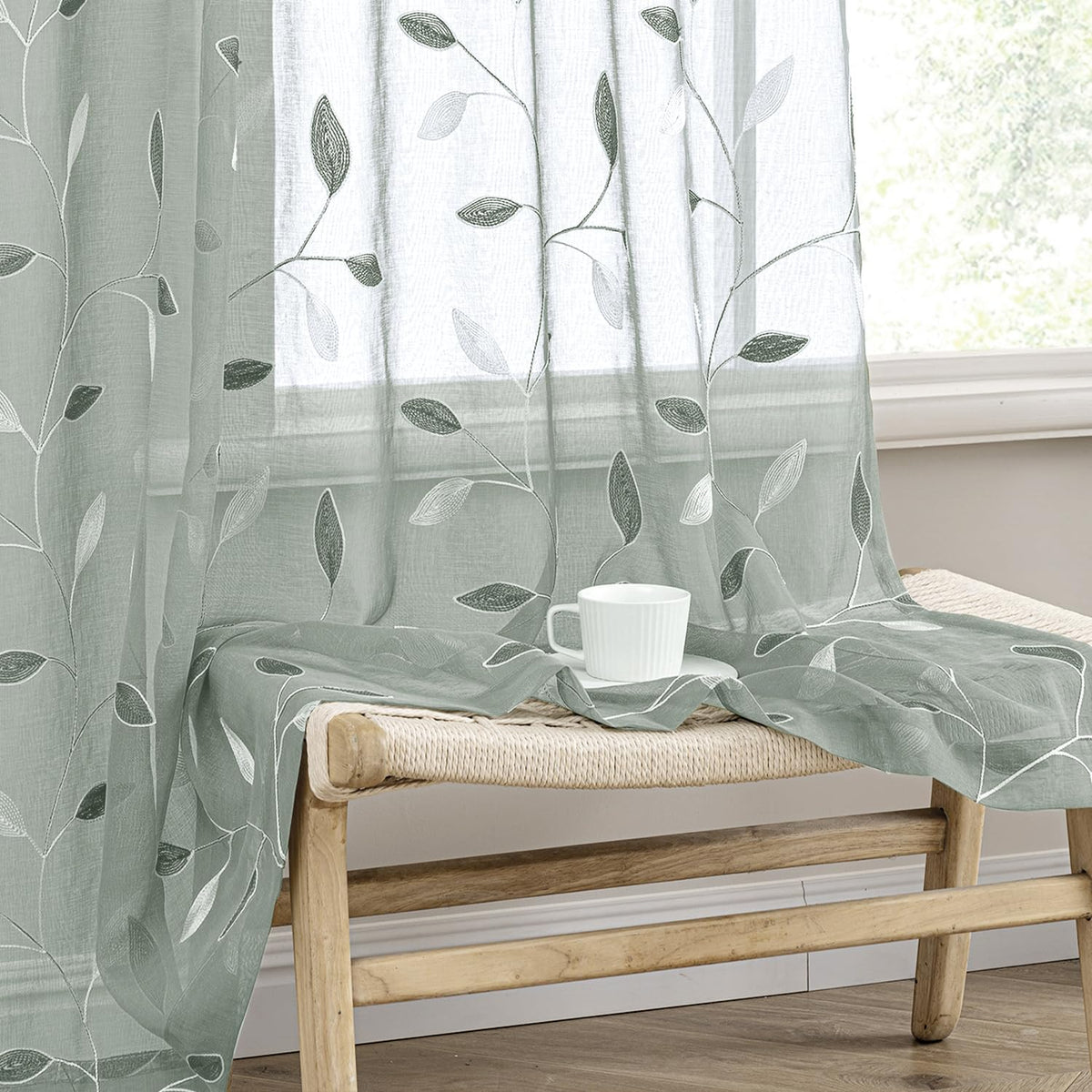 MIULEE Beige Sheer Curtains 2 Panels Embroidered Leaf Patterned, W52 x L84