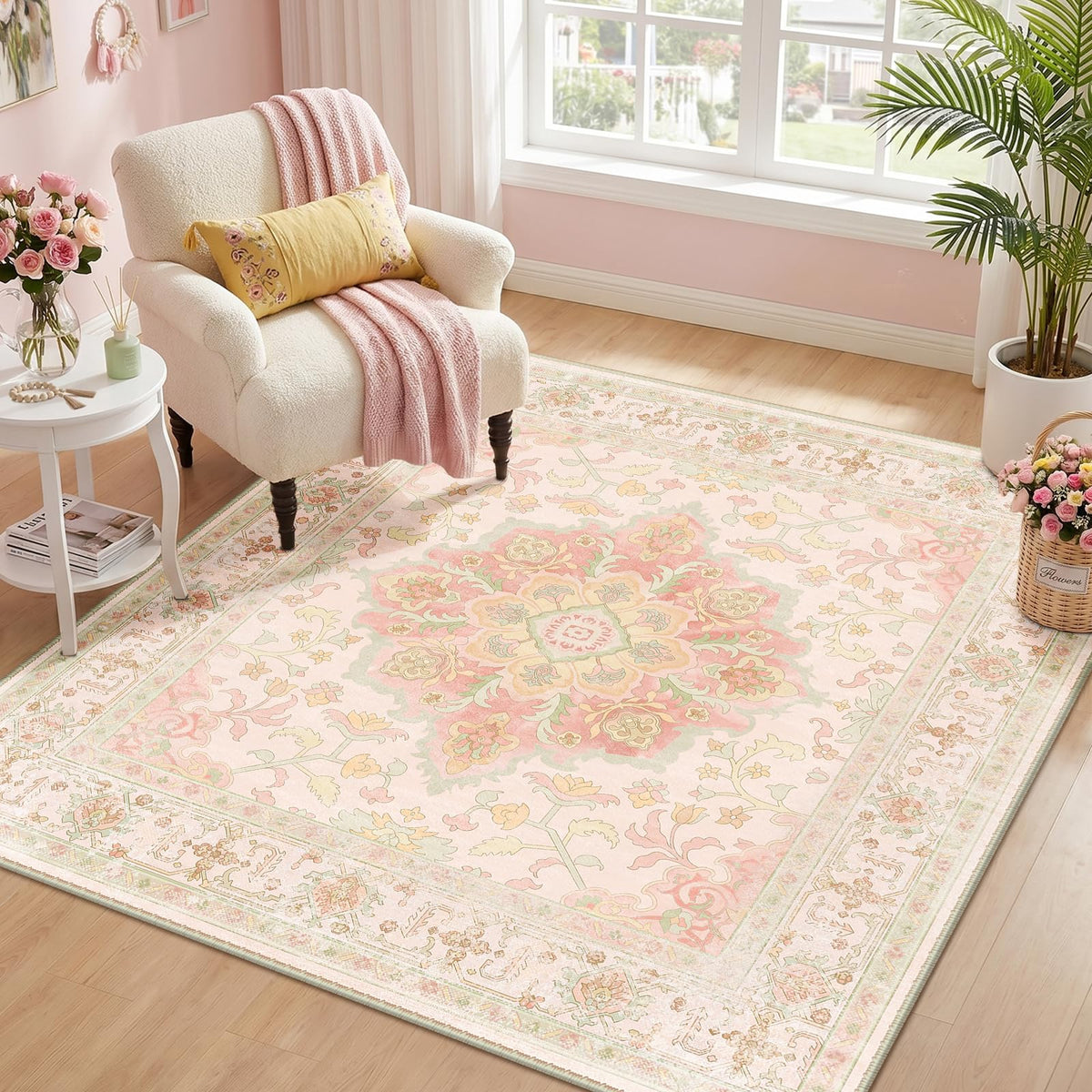 CAPALOCA 5x7 Washable Nursery Girls Low Pile Area Rug Pink