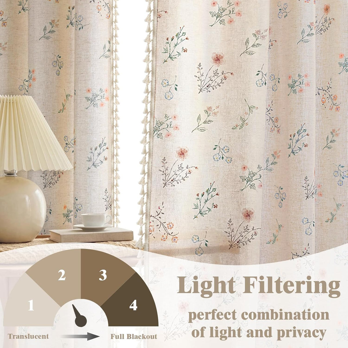 Boho Floral Light Filtering Curtains 84 Inch 2 Panels Linen Texture