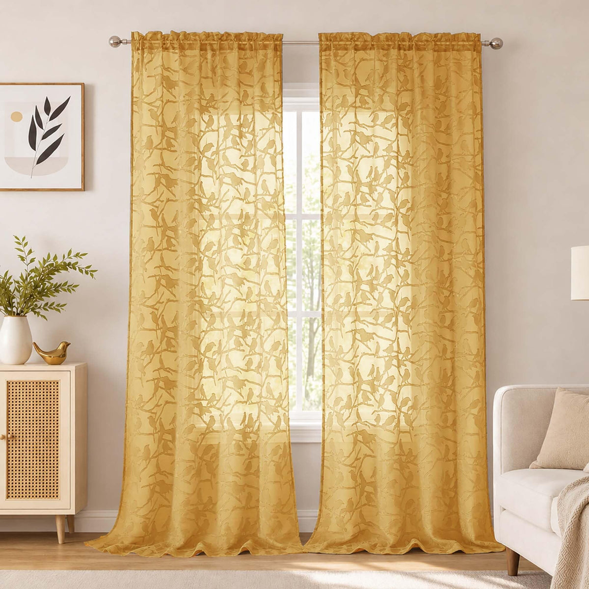 OVZME Sage Green Sheer Curtains 63 Inch Length 2 Panel Set, Light Filtering Bedroom Curtains with Dual Rod Pocket Top, Leaf Bird Clip Jacquard Sheer Farmhouse Window Drapes for Living Room, 2x38Wx63L