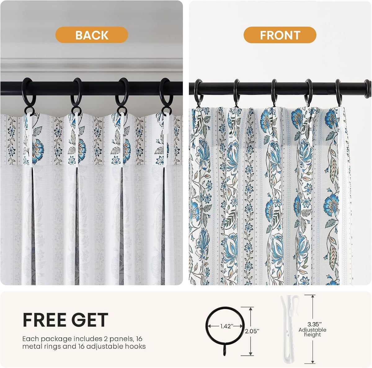 Pinch Pleated Memory Floral Linen Curtains 84 Inches 2 Panels Blue