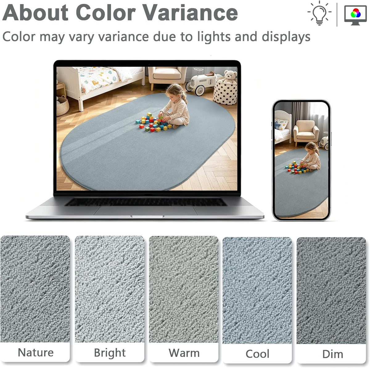 LOCHAS Soft Oval Bedroom Rug 2.6x5.3, Small Washable Grey Rugs for Bedroom