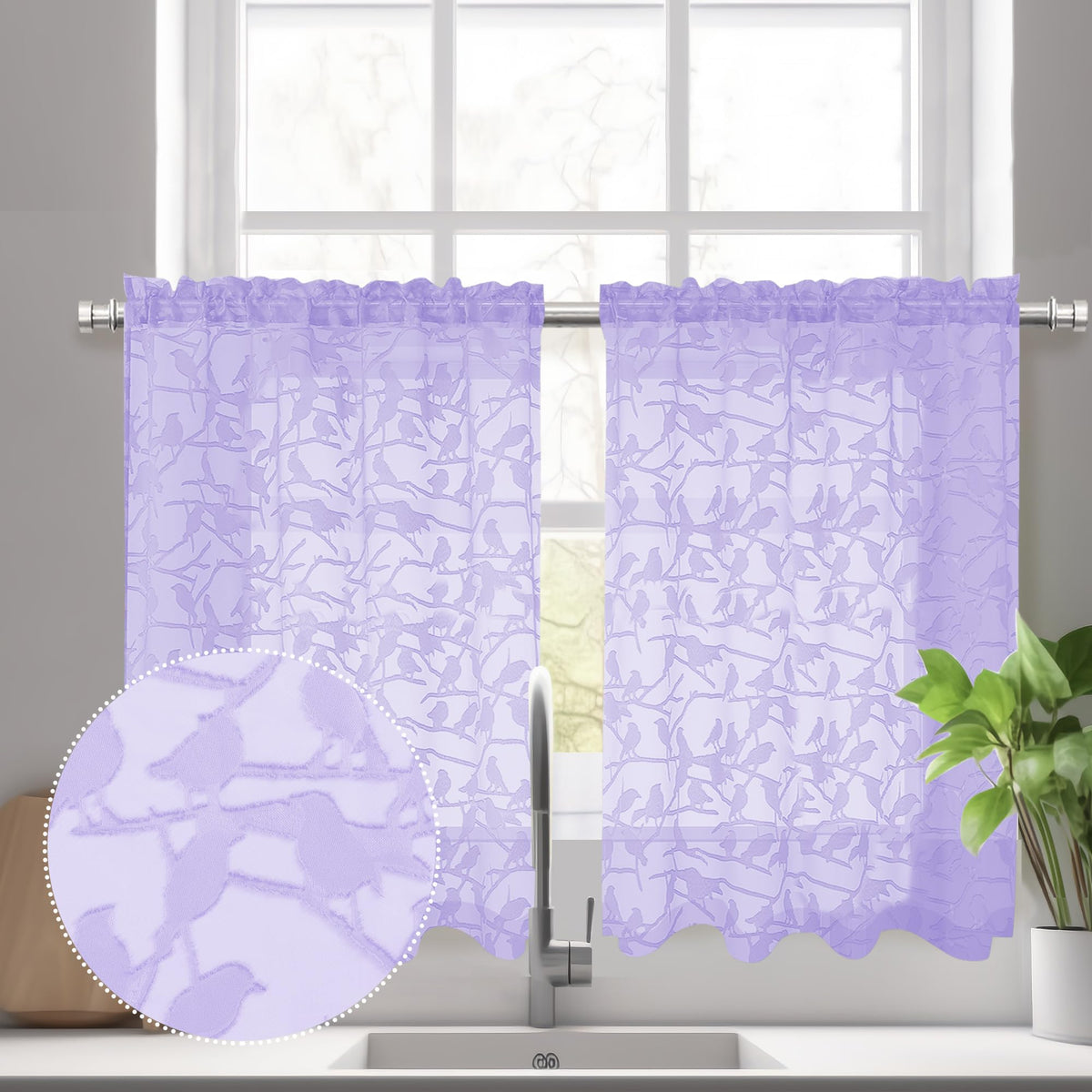 OVZME Sage Green Sheer Curtains 63 Inch Length 2 Panel Set, Light Filtering Bedroom Curtains with Dual Rod Pocket Top, Leaf Bird Clip Jacquard Sheer Farmhouse Window Drapes for Living Room, 2x38Wx63L