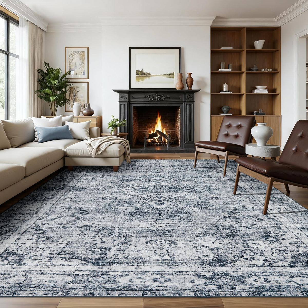 Joydeco Boho Washable Abstract Beige 5x7 Area Rugs for Living Room Bedroom