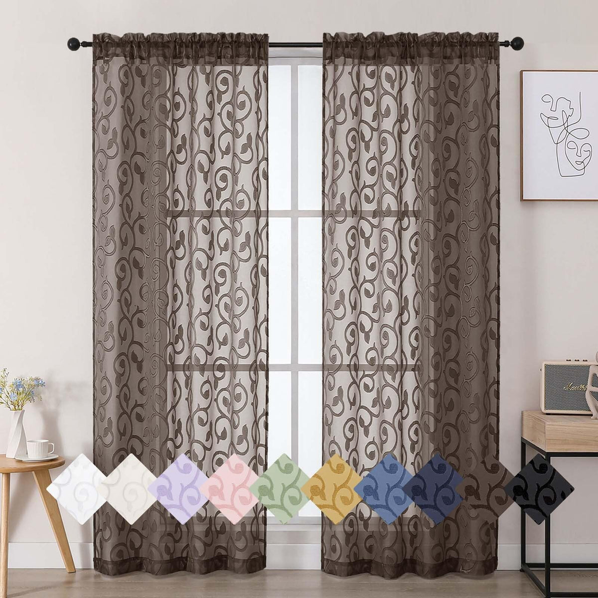 Dusty Blue Sheer Curtains for Bedroom Living Room 72 Inches Long 2 Panels Set, Soft Airy Geometric Jacquard Clip Curtains Drapes, Modern Rod Pocket Door Curtain, 2Pcs Each 42" Wx72 L Inch