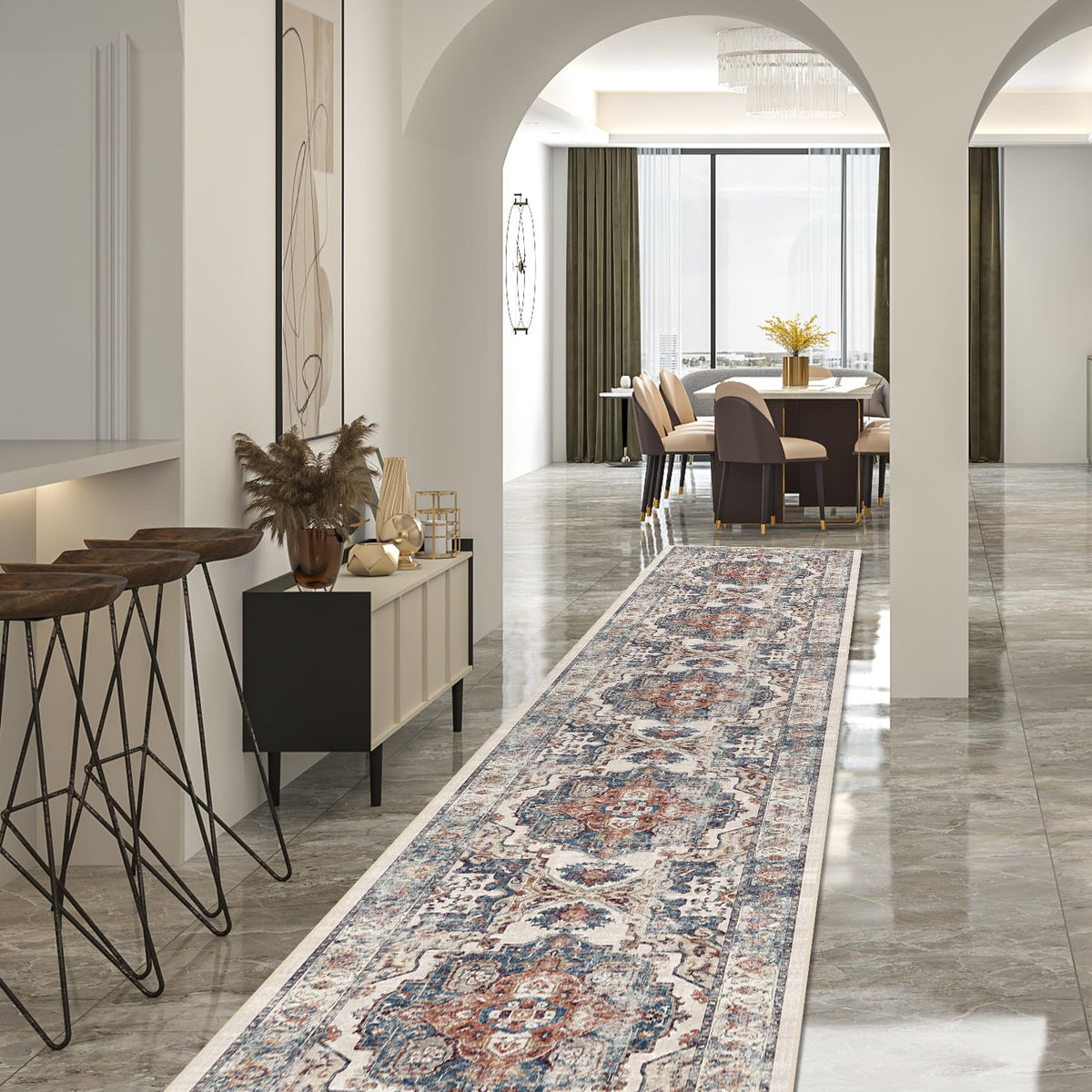 2x6 Hallway Washable Runner Rug : Vintage Soft Kitchen Laundry Runner with Non Slip Backing Farmhouse Entryway Living Room Floor Mat Stain Resistant Carpet for Bedroom Bathroom Distressed Beside Rug