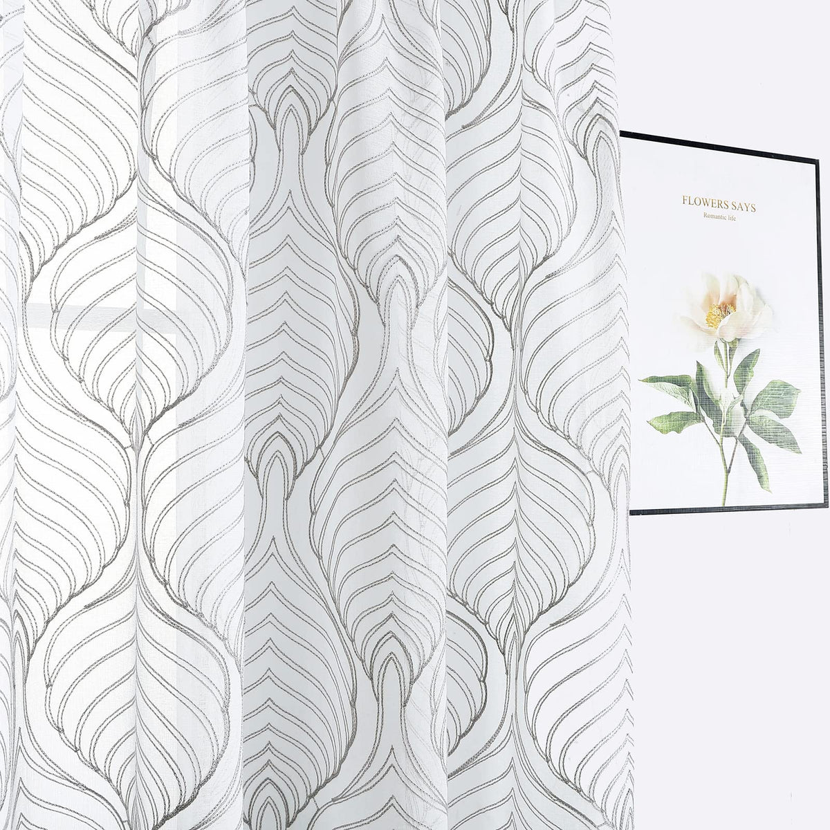 VISIONTEX White Sheer Curtains Grey Moroccan Embroidered 63 Inch Length