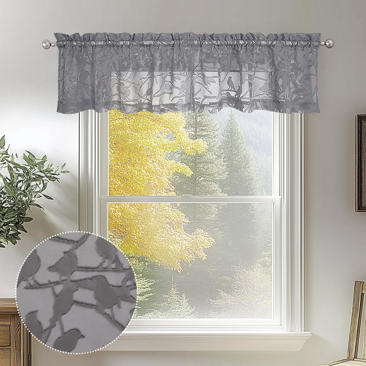 OVZME Sage Green Sheer Curtains 63 Inch Length 2 Panel Set, Light Filtering Bedroom Curtains with Dual Rod Pocket Top, Leaf Bird Clip Jacquard Sheer Farmhouse Window Drapes for Living Room, 2x38Wx63L