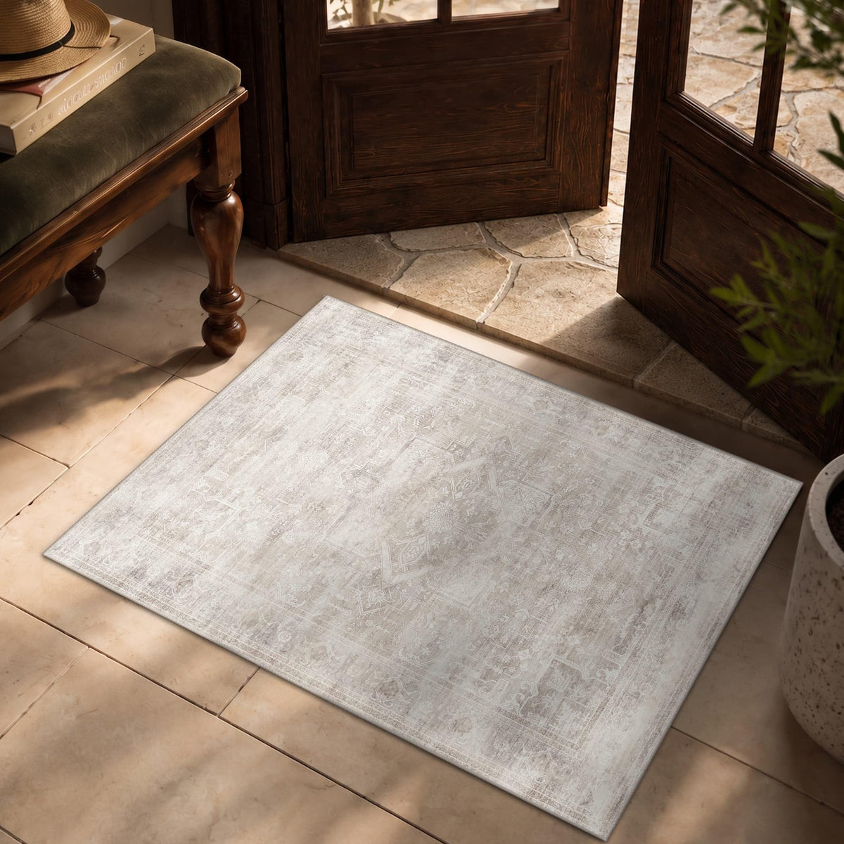 8x10 Washable Boho Area Rug, Dark Beige Farmhouse for Living Room