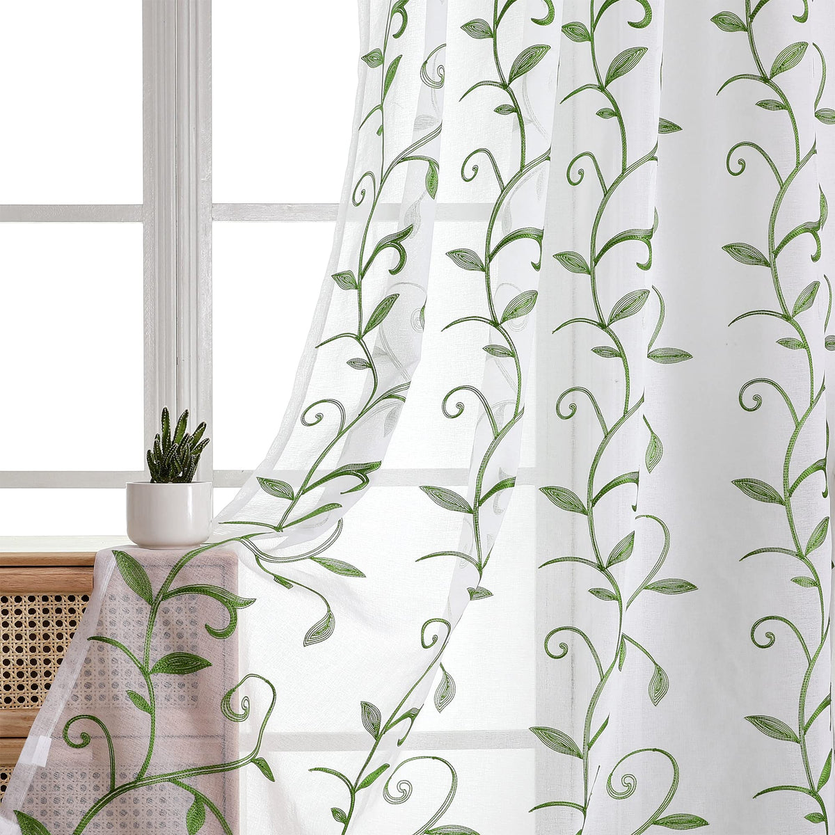 VISIONTEX Sheer Curtains Boho Leaf Floral Embroidered Cream Beige 54Wx84L