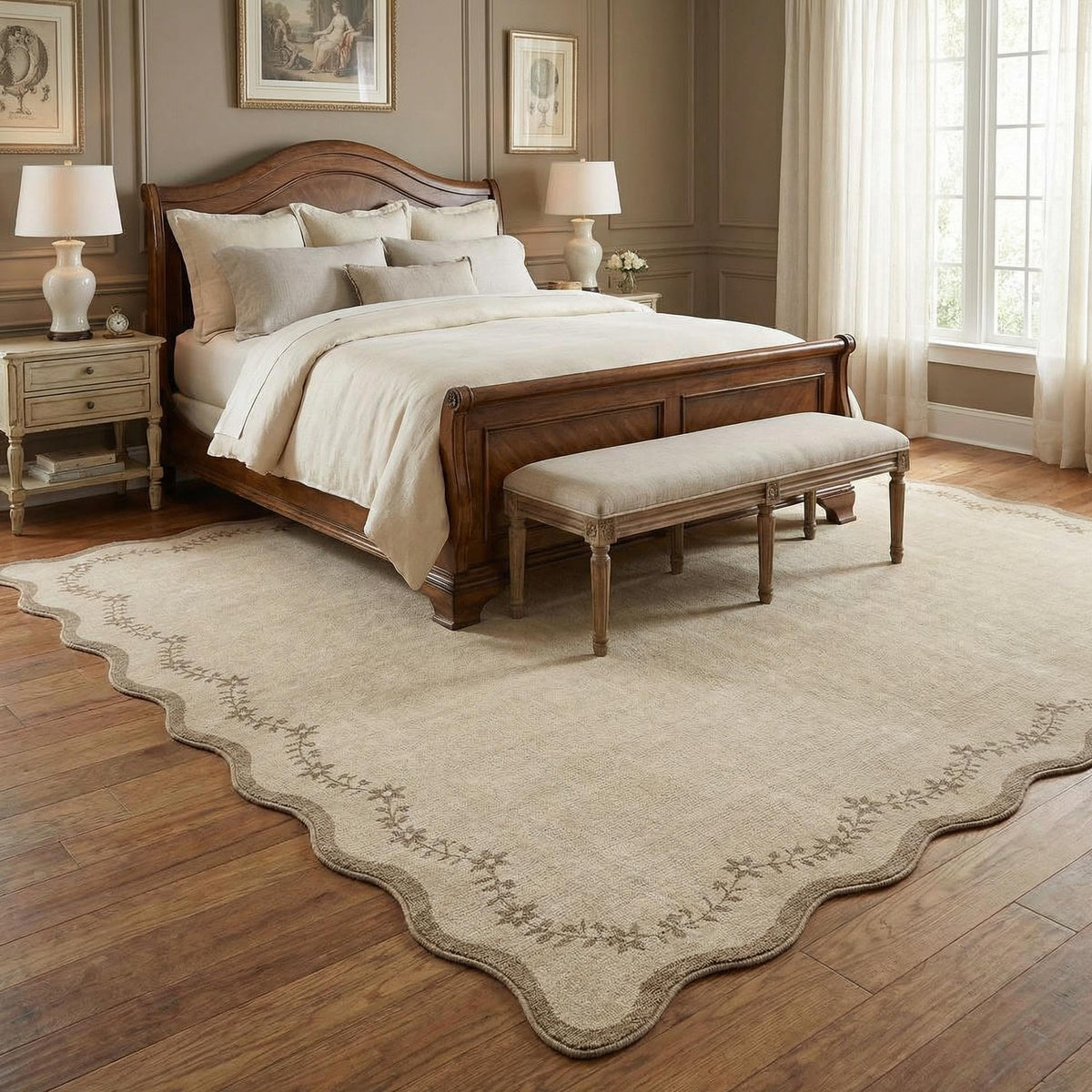 GarveeHome 5x7 Scalloped Area Rug Jute Washable Bedroom Living Room Rug