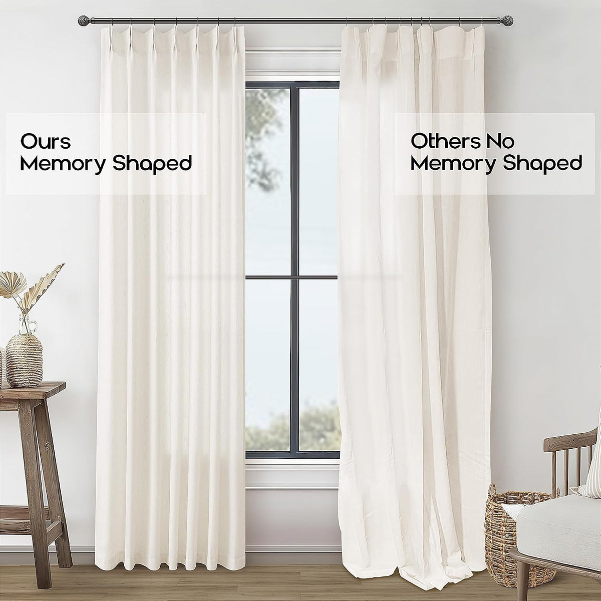 105 Inch Extra Long Curtains Linen Pinch Pleated Cream Semi Sheer