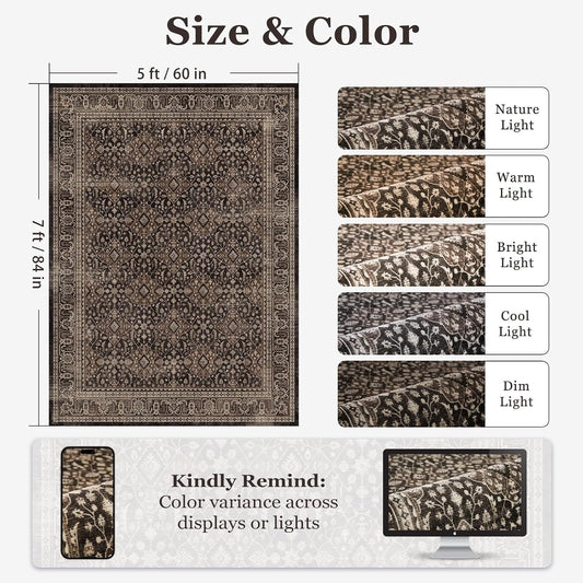 Dark Wood Brown 5x7 Rugs for Living Room Bedroom, Washable Rug with Vintage Farmhouse Moroccan Floral Trellis Pattern, Non Slip Low Pile Soft Carpet Rugs for Den/Home Office/Kitchen/Foyer