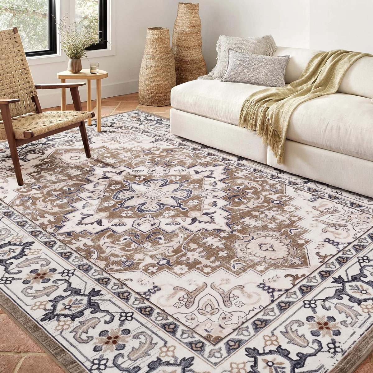 Lofus 5x7 Area Rugs for Living Room Bedroom, Soft Boho Carpet Floral Brown