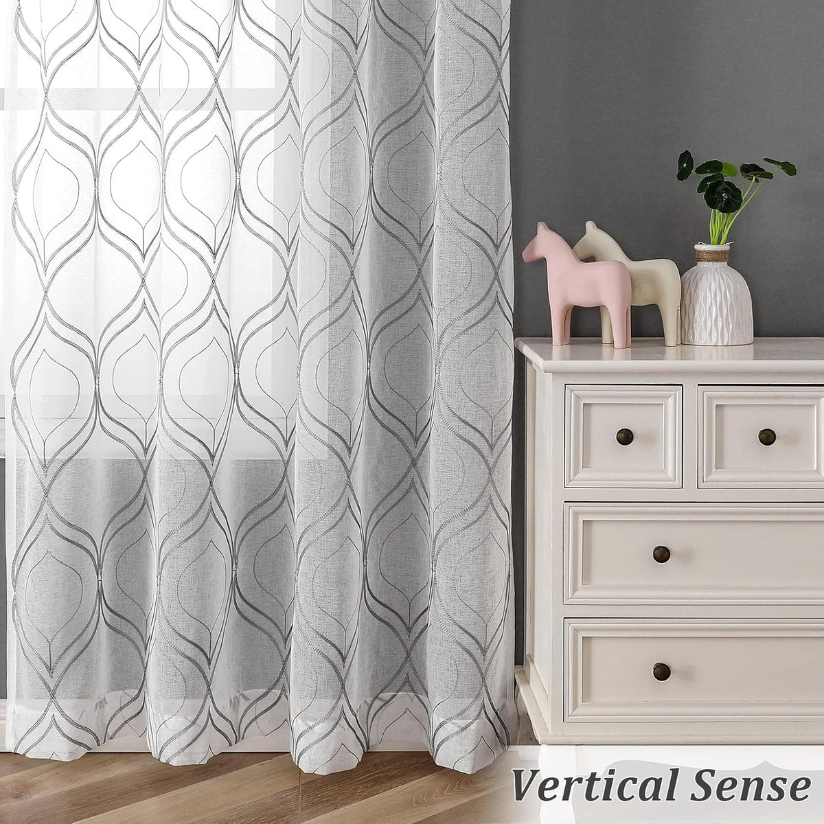VISIONTEX White Sheer Curtains Grey Moroccan Embroidered 63 Inch Length