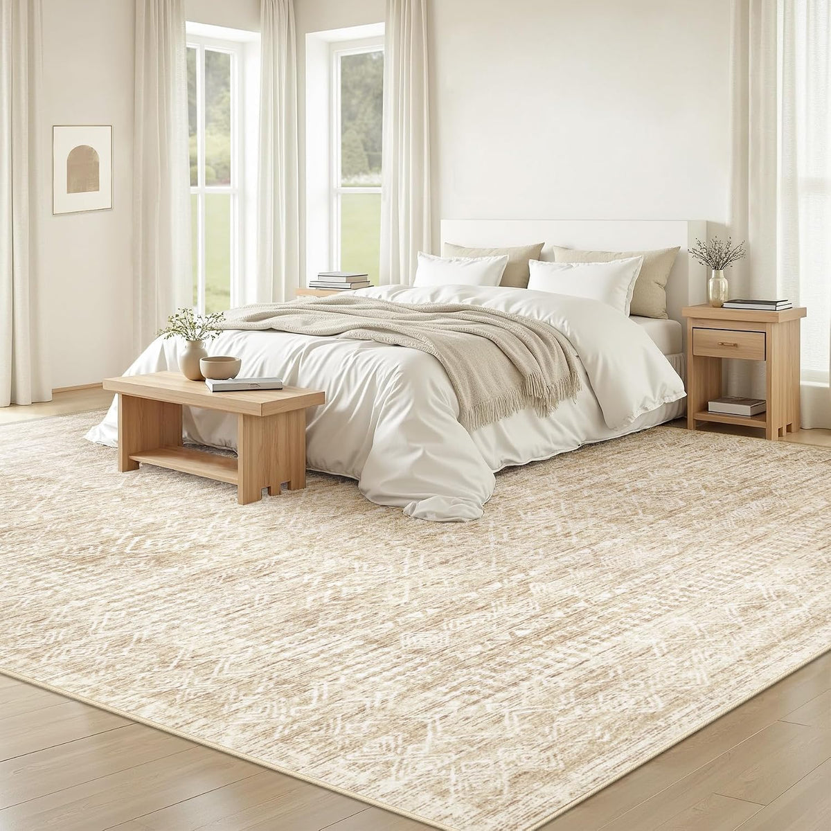 Living Room Rugs 8x10: Washable Moroccan Geometric Boho Rug Farmhouse Non Slip Stain Resistant Large Rug Low Pile Soft Carpet for Bedroom Dining Room Children Room (Beige,8'x10')