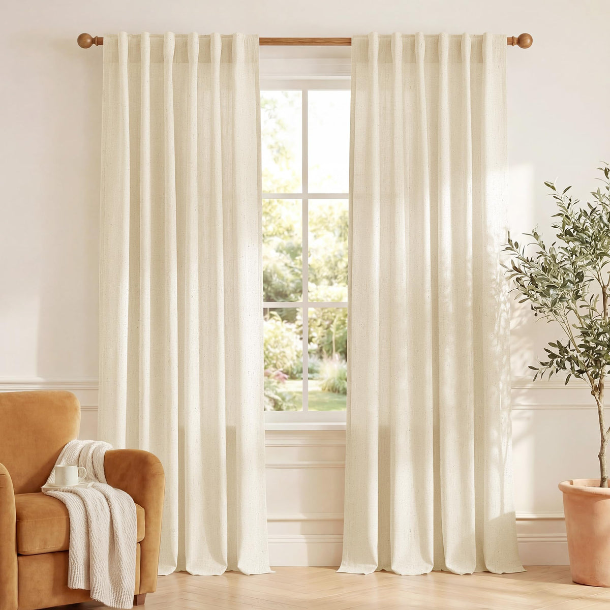 NICETOWN Natural Linen Curtains & Drapes for Windows 84 inch Long, Rod Pocket & Back Tab Thick Flax Semi Sheer Privacy Assured with Light Filtering for Bedroom/Living Room, W55 x L84, 2 Pieces