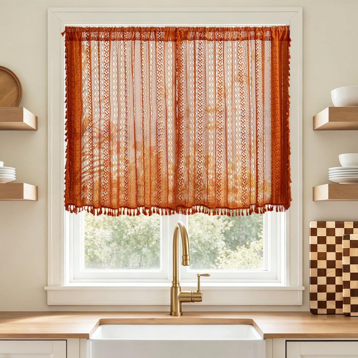 Sutuo Home Terracotta Boho Lace Curtains 2 Panels 84 Inches Long for Living Room&Bedroom, Burnt Orange Crochet Privacy Farmhouse Vintage Tassels Retro Halloween Window Sheer Curtains Rod Pocket,50" W