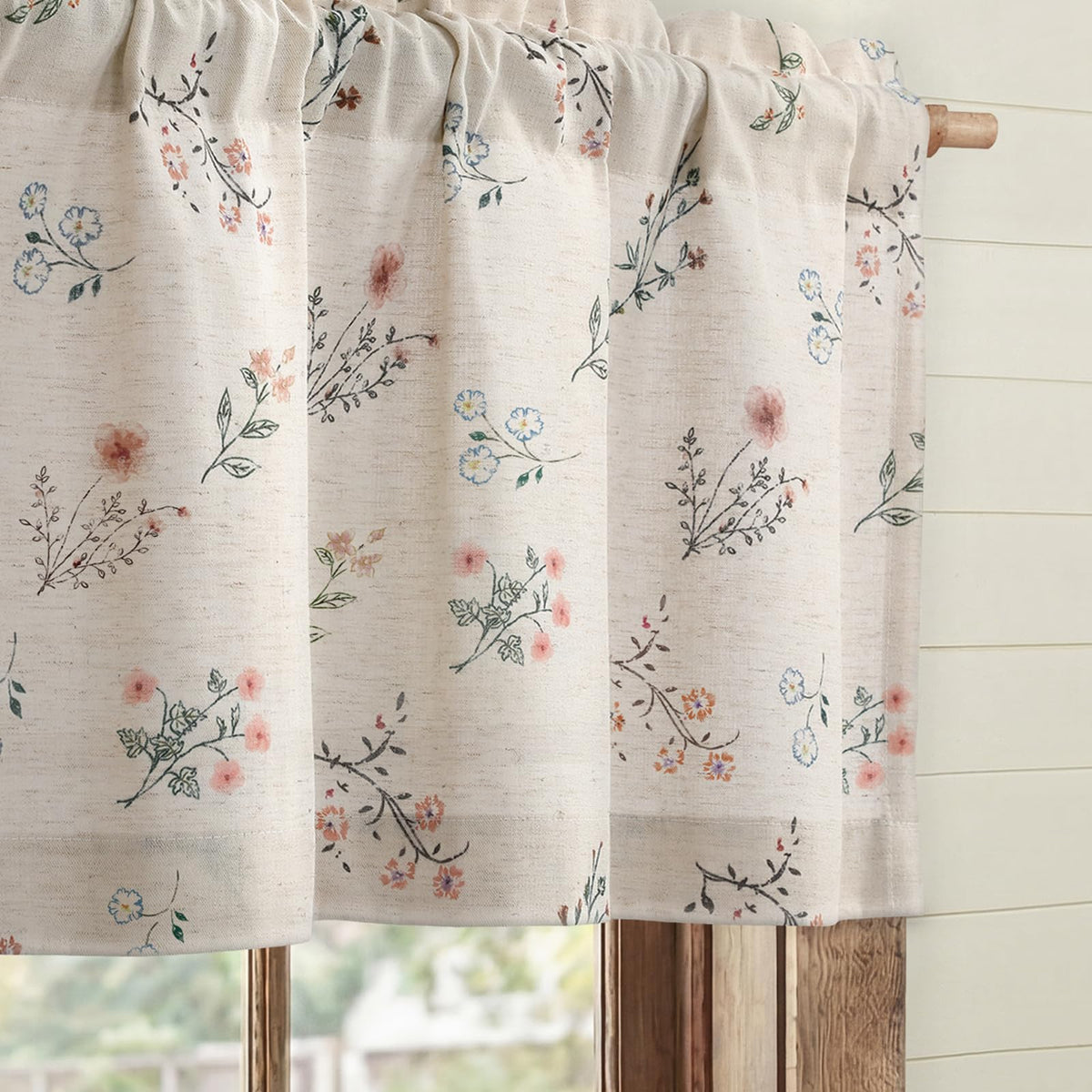 Boho Floral Light Filtering Curtains 84 Inch 2 Panels Linen Texture