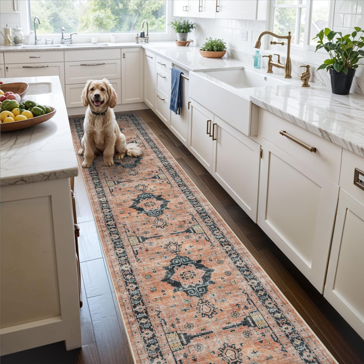 2x6 Hallway Washable Runner Rug : Vintage Soft Kitchen Laundry Runner with Non Slip Backing Farmhouse Entryway Living Room Floor Mat Stain Resistant Carpet for Bedroom Bathroom Distressed Beside Rug