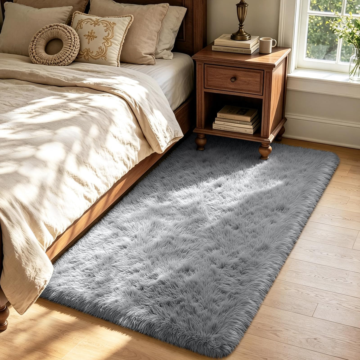 Beige 8x10 Area Rugs for Living Room, Fluffy Shag Rug Large Bedroom Carpet