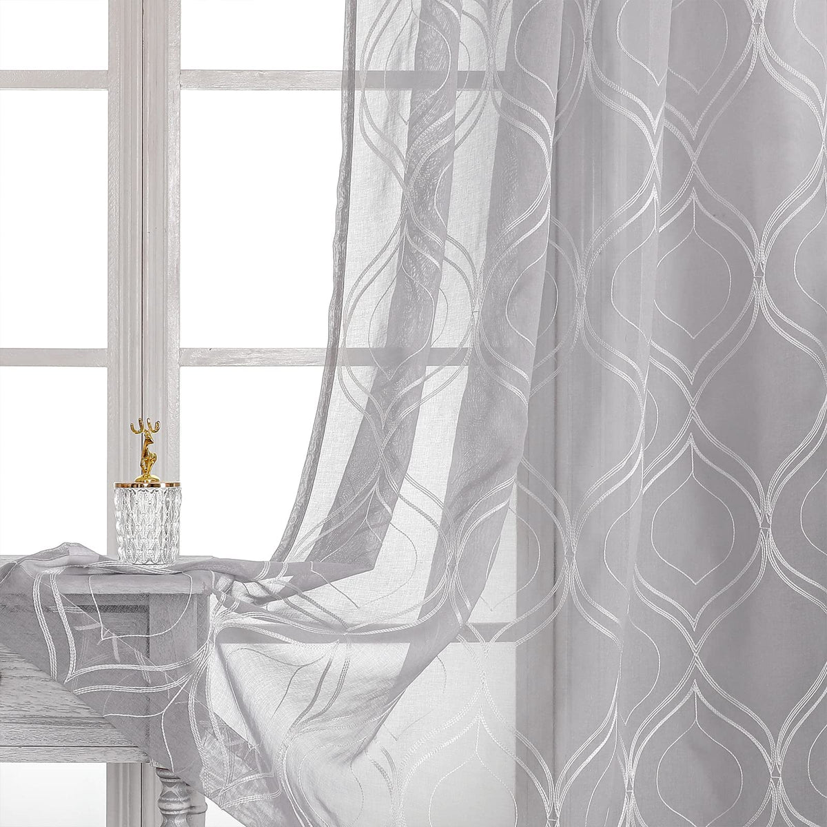 VISIONTEX White Sheer Curtains Grey Moroccan Embroidered 63 Inch Length