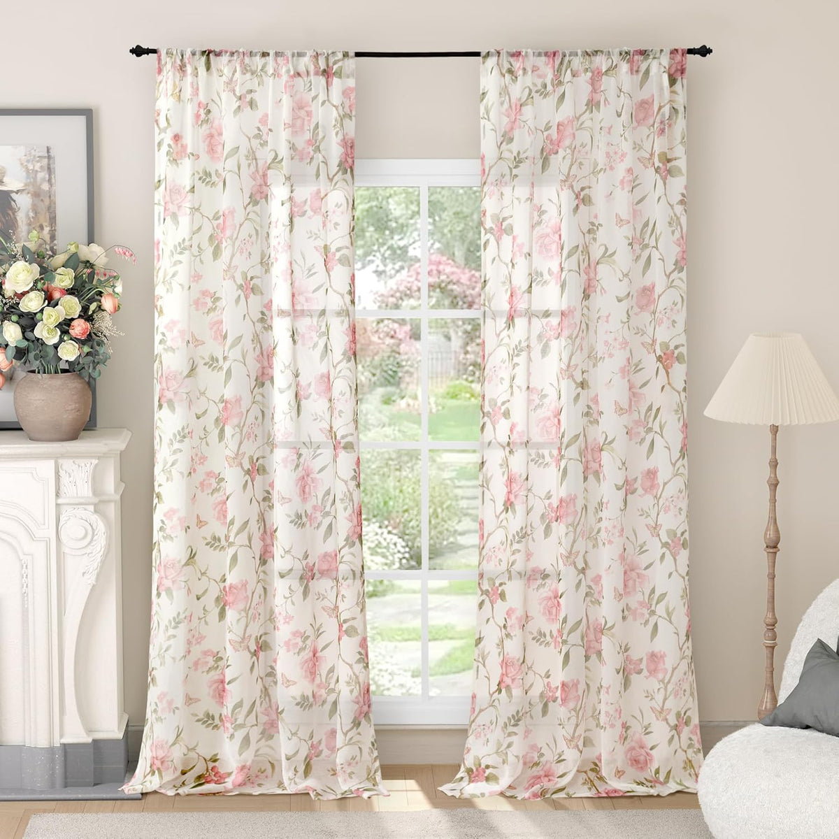 Lajode Pink Floral Sheer Curtains for Girls Room - 52x84 Inch 2 Panels