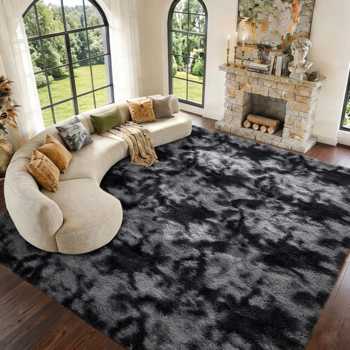 9x12 Extra Large Fluffy Area Rugs for Living Room Tie-Dyed Light Grey