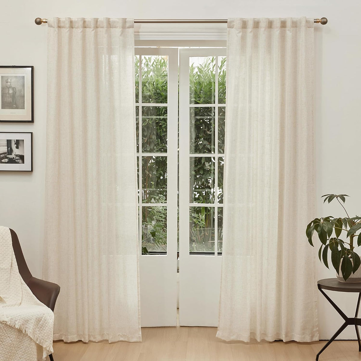 MYSKY HOME Linen Curtains for Living Room, Natural Semi Sheer Curtains & Drapes 84 inches Length 2 Panels Set Farmhouse Country Boho Style Back Tab Draperies for Sliding Glass Door, 50" Wide, Linen