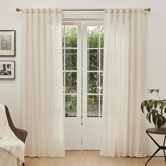 MYSKY HOME Linen Curtains for Living Room, Natural Semi Sheer Curtains & Drapes 84 inches Length 2 Panels Set Farmhouse Country Boho Style Back Tab Draperies for Sliding Glass Door, 50" Wide, Linen