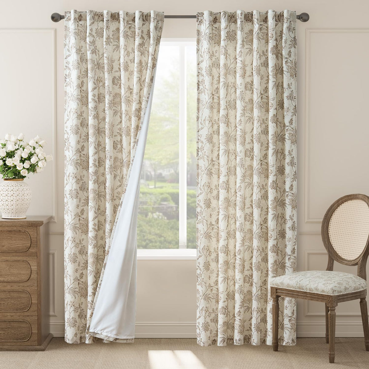 jinchan Green Floral Linen Curtains 84 Inch Vintage Back Tab 2 Panels