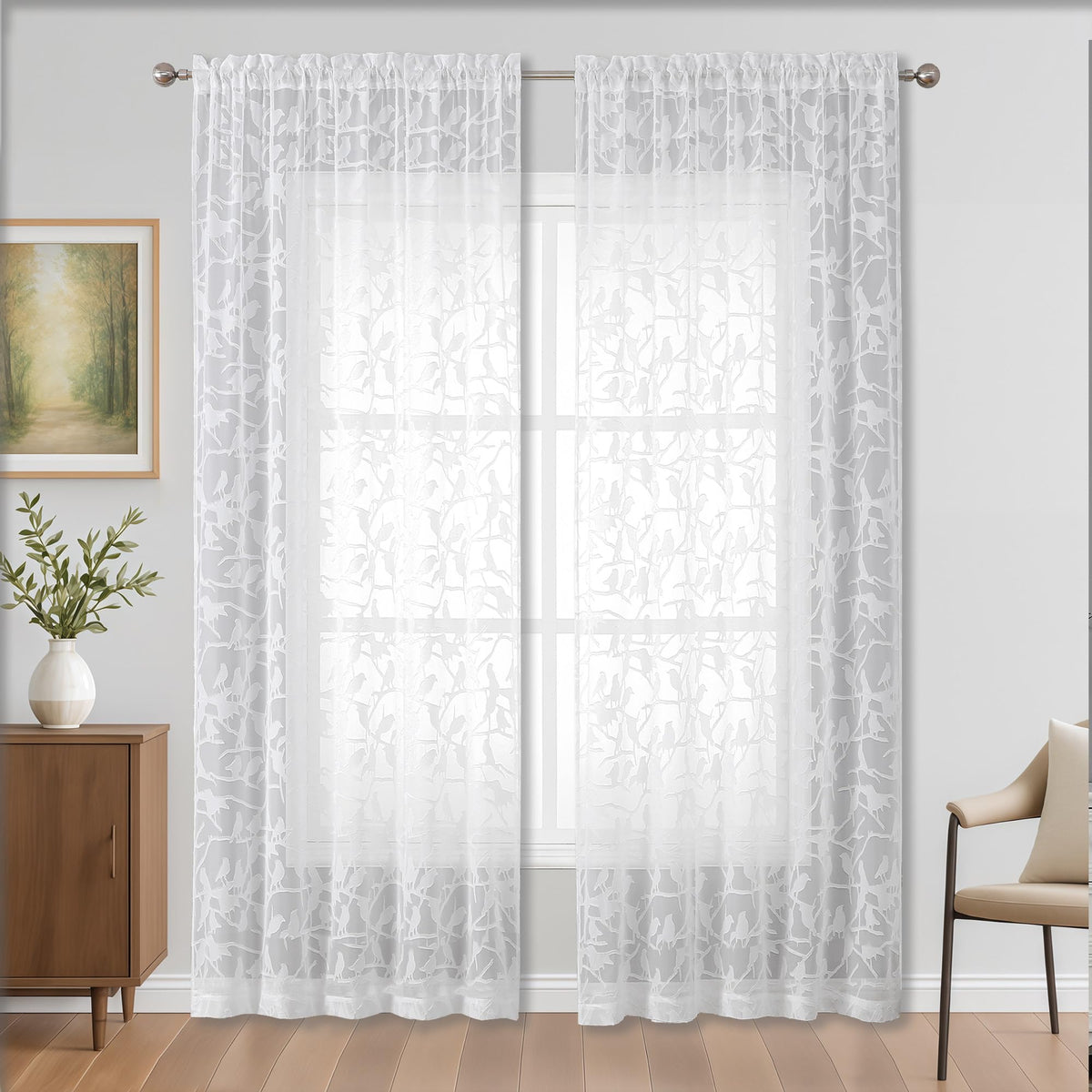 OVZME Sage Green Sheer Curtains 63 Inch Length 2 Panel Set, Light Filtering Bedroom Curtains with Dual Rod Pocket Top, Leaf Bird Clip Jacquard Sheer Farmhouse Window Drapes for Living Room, 2x38Wx63L