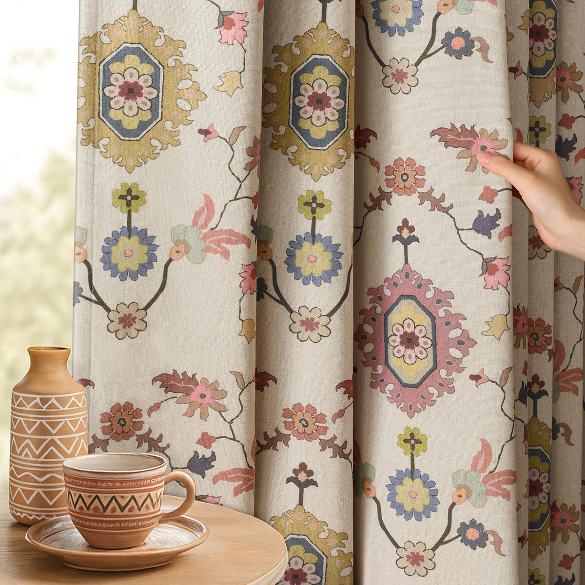 Boho Floral Light Filtering Curtains 84 Inch 2 Panels Linen Texture