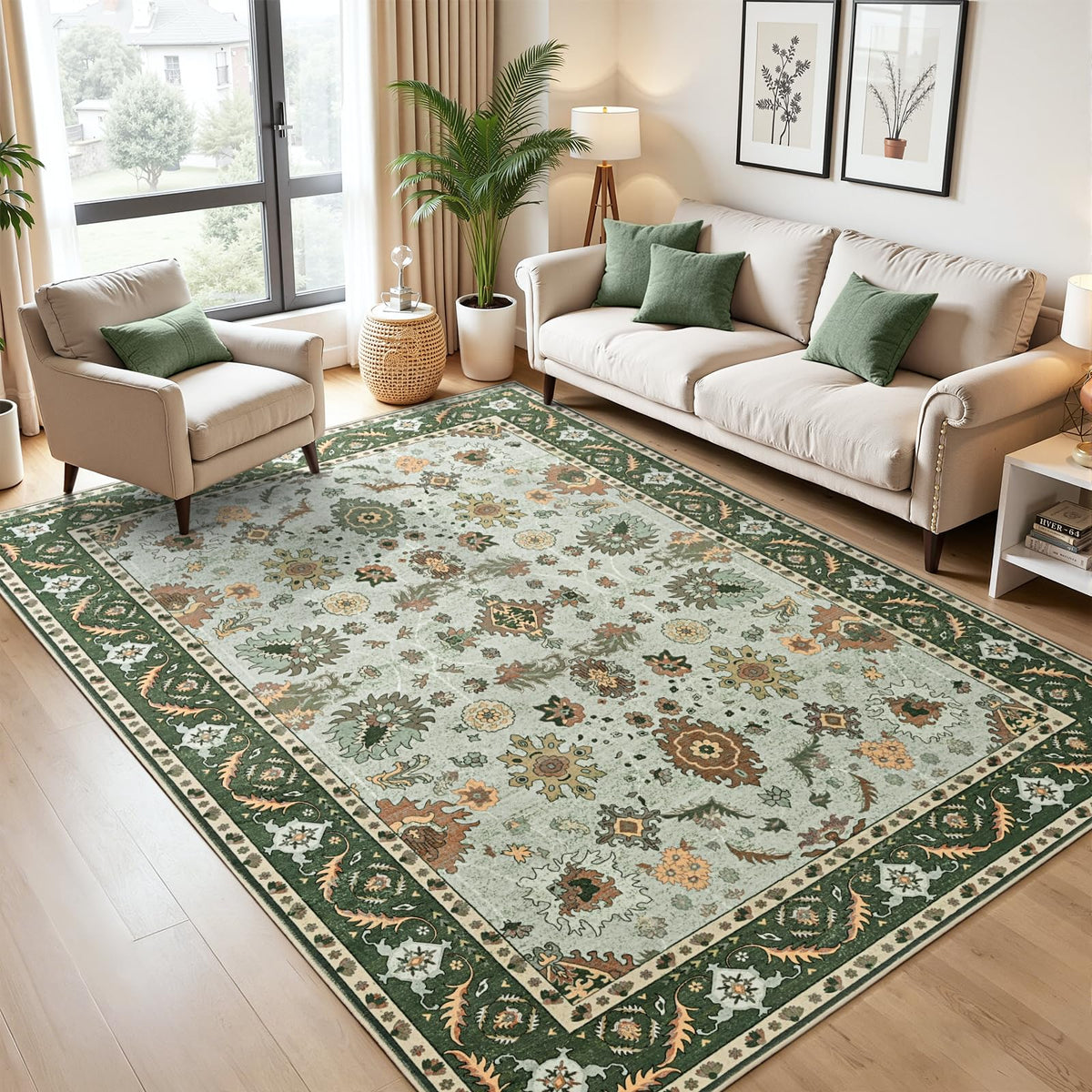 Hanples 5x7 Area Rugs for Living Room, Washable Rug Vintage Floral, Beige
