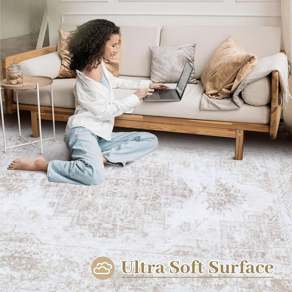 XLUEZ Area Rug 8x10 Living Room Rug, Machine Washable Vintage Distressed Medallion Rug Non-Slip Soft Low Pile Large Indoor Rugs for Bedroom Dining Room Office Children's Room (Beige,8'x10')