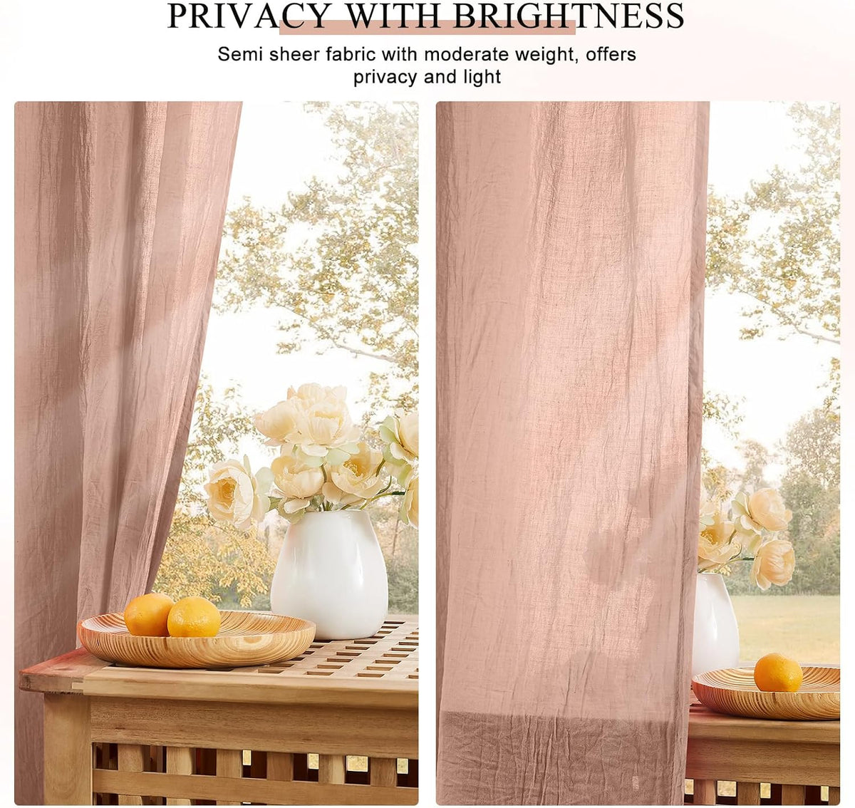 Melodieux Blush Pink Cotton Sheer Curtains 84 Inches Long, Bedroom Living Room Natural Light Filtering Crepe Voile Drapes Rustic Crinkle Linen Sheer Curtains Rod Pocket, 52" W x 84" L, 2 Panels
