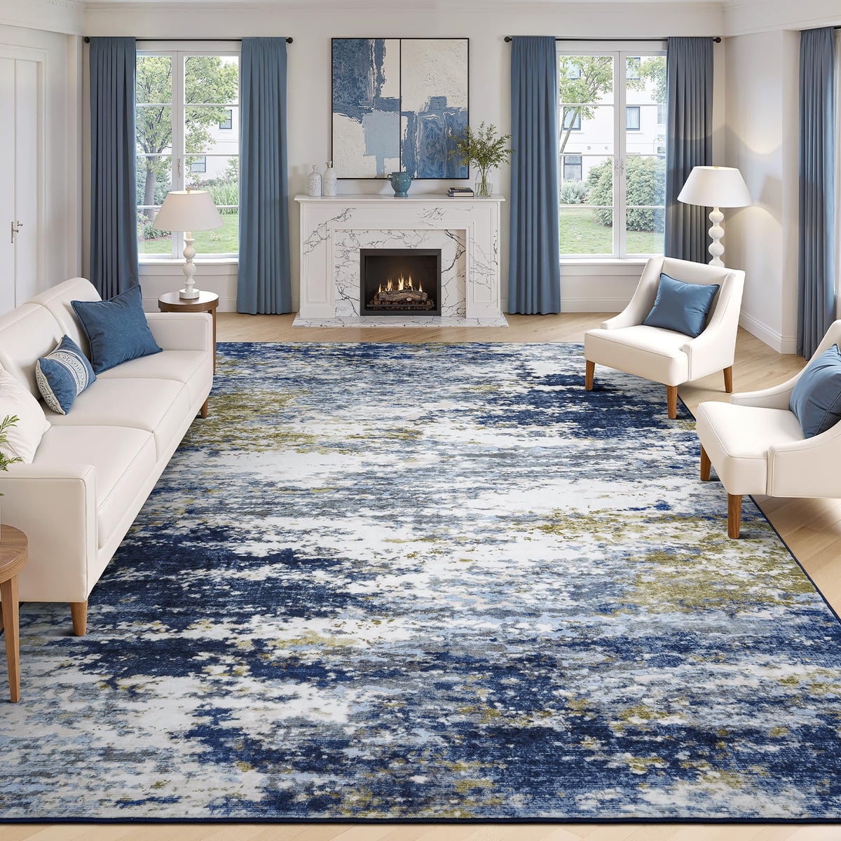 8x10 Area Rug for Living Room, Abstract Washable Non-Slip Large Rugs, Gold