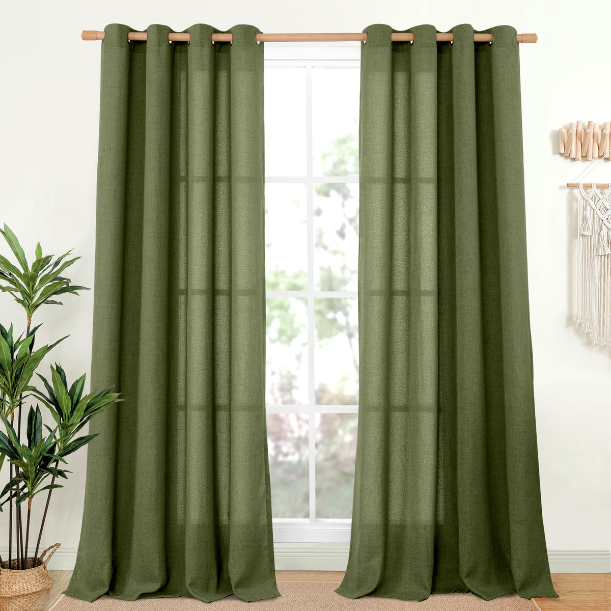 YoungsTex Linen Semi Sheer Curtains 63 Inch Length, Light Filtering Drapes