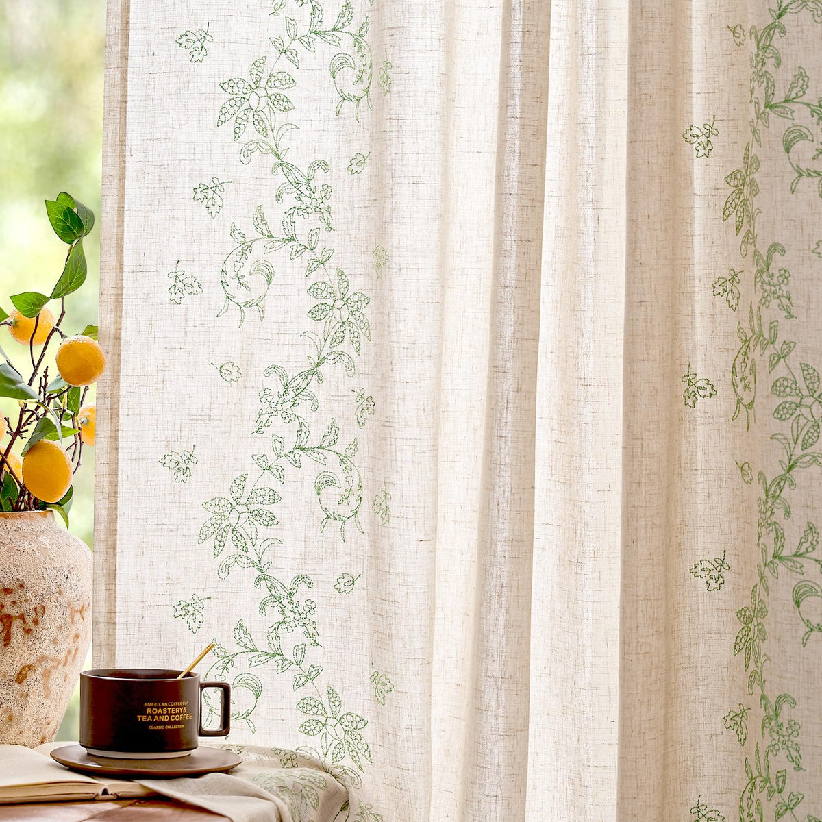 jinchan Floral Sheer Curtains, Back Tab 50x84 Inch, 2 Panels Green