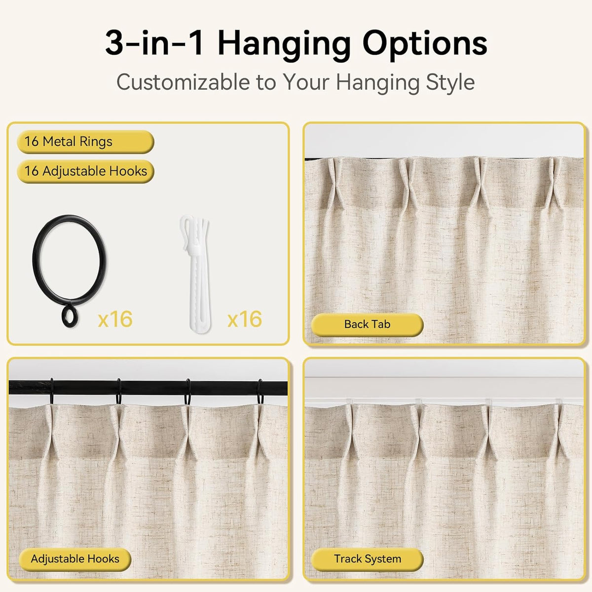 Liz Sheer Pinch Pleated Linen Curtains 102 Inches Long - Light Filtering Pleat Curtains for Living Room, Window Curtains for Bedroom, Luxury Pinch Pleated Drapes with Hooks, Natural, 2 Panels Set