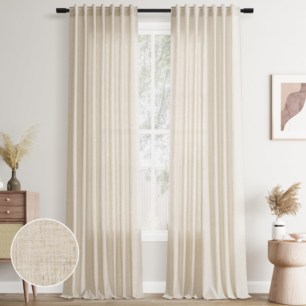 Joywell Linen Sheer Curtains 84 Inches Long for Living Room Beige Cream