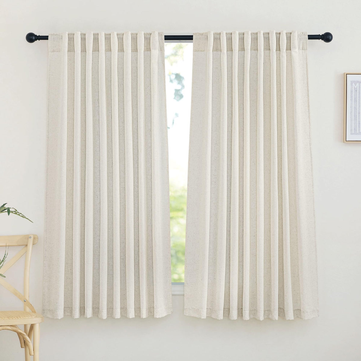 NICETOWN Natural Linen Curtains & Drapes for Windows 84 inch Long, Rod Pocket & Back Tab Thick Flax Semi Sheer Privacy Assured with Light Filtering for Bedroom/Living Room, W55 x L84, 2 Pieces