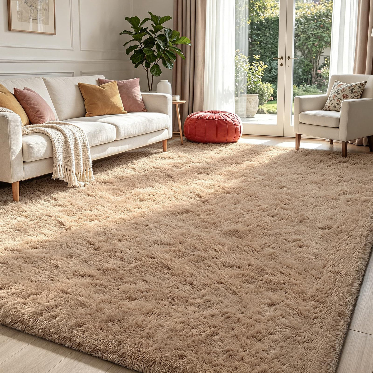 Beige 8x10 Area Rugs for Living Room, Fluffy Shag Rug Large Bedroom Carpet