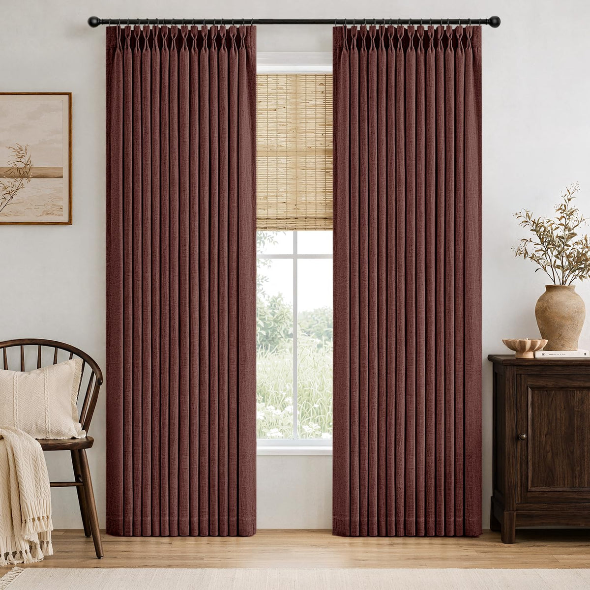 MIULEE Pinch Pleated Thick Linen Curtains 96 Inches Burlap Brown Curtains