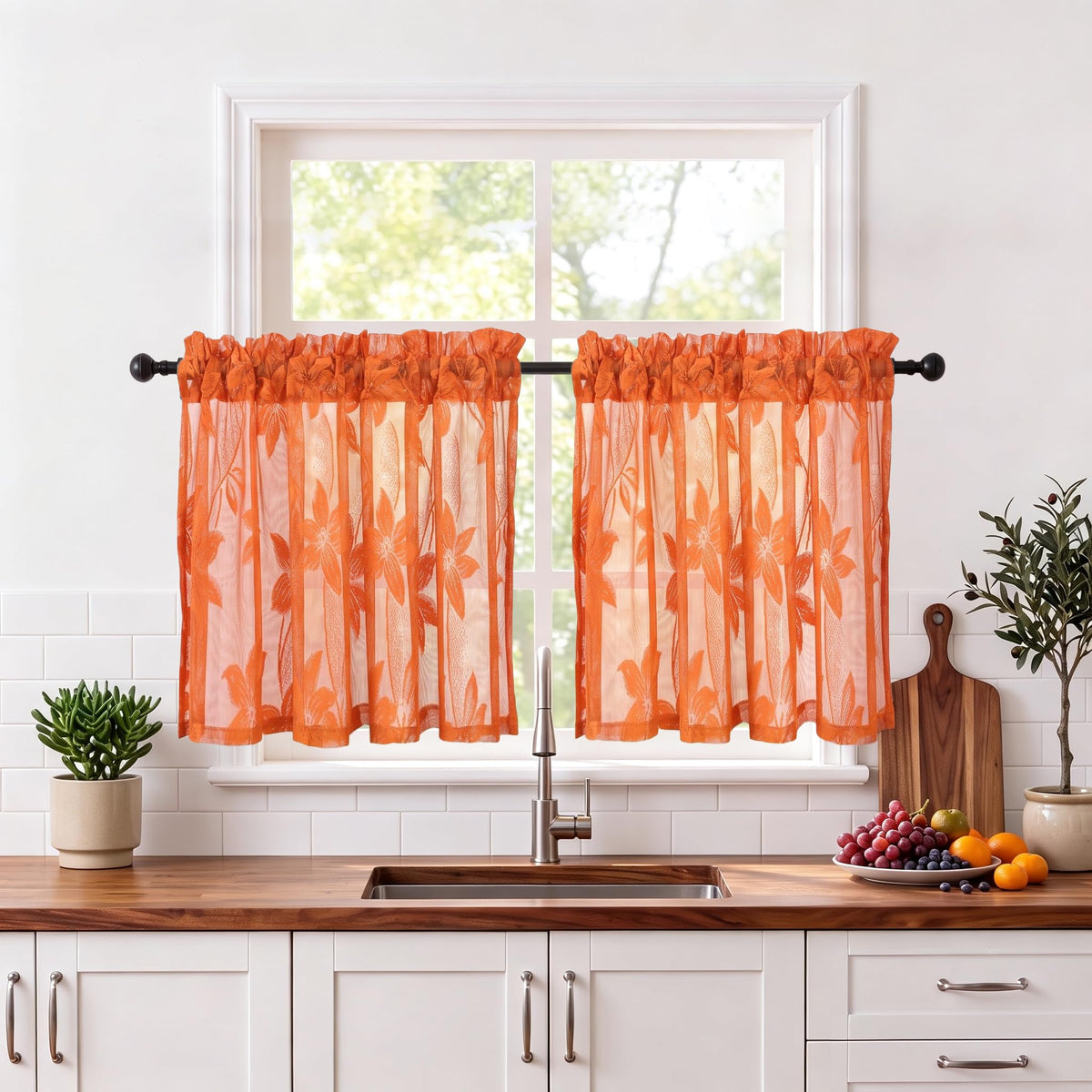 DWCN White Sheer Curtains - Short Curtains Floral Lace Design Rod Pocket Window Voile Sheer Drapes for Bedroom Kitchen Small Window 42 x 54 inch Length, 2 Panels White